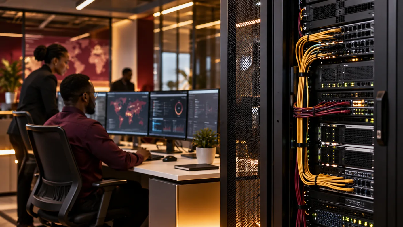 Modern data centre with technology professionals monitoring infrastructure