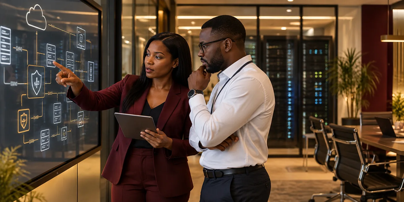 Technology professionals reviewing a cloud and network environment